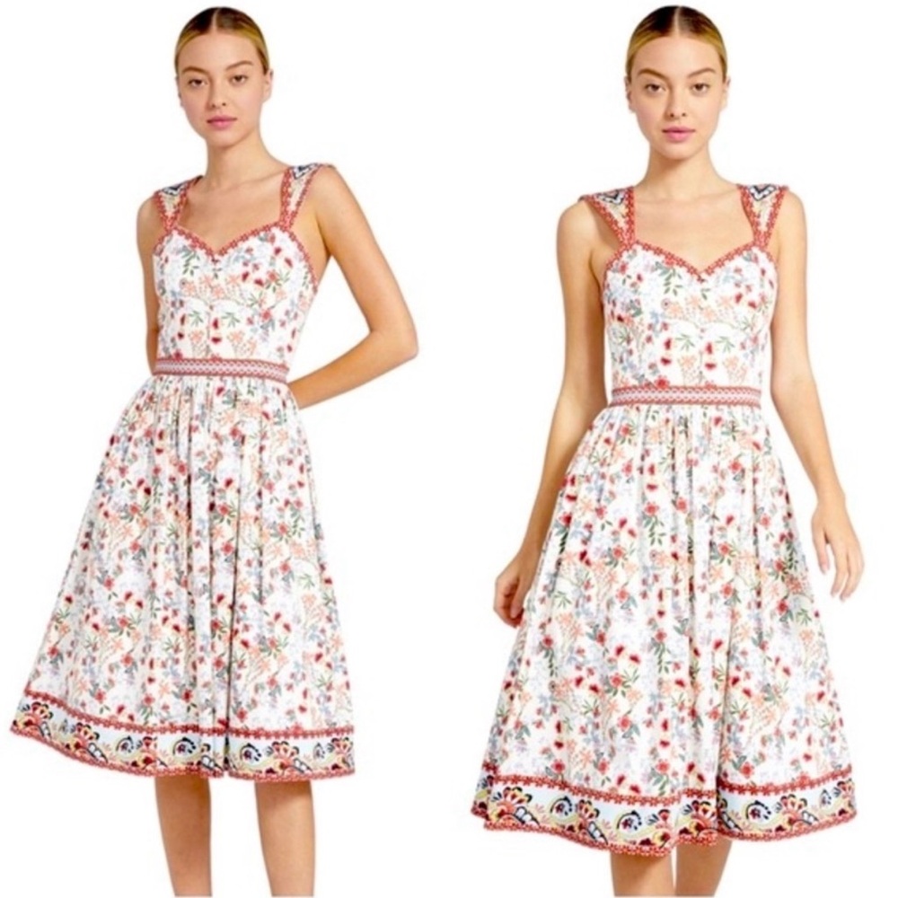 Alice + Olivia White Floral Midi Dress with Red Trim